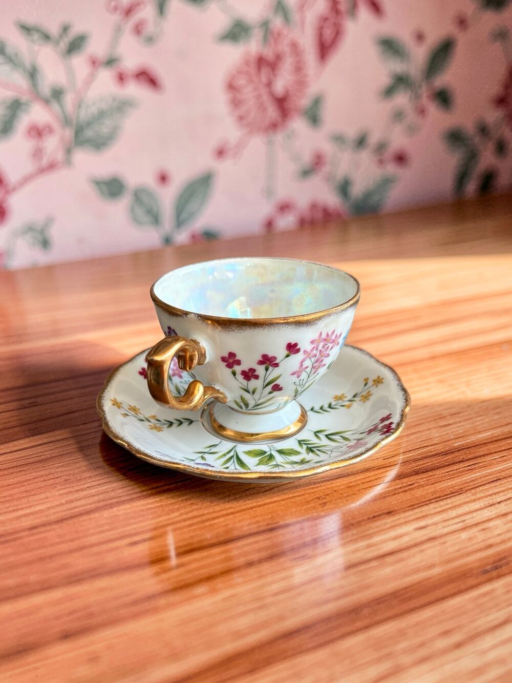 Vintage Floral Teacup & Saucer Iridescent Lusterware Gold Trim Wildflowers